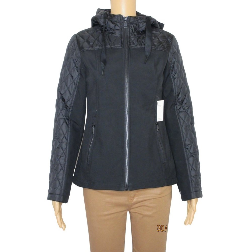 Sebby Clothing Women's Quilted Sleeve Black Hooded Jacket Size XS B2-14